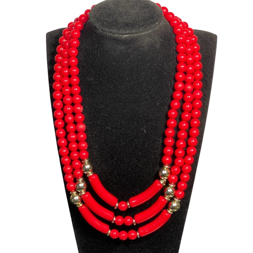 Vintage 3 Strand Red Beaded Statement Necklace Ornate Gold Tone Floral Clasp 16"